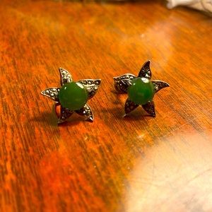 Beautiful vintage jade silver earrings with marcasite. Screw backs.